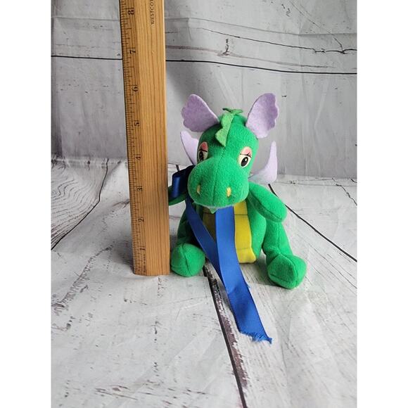 Plush Dragon Stuffed Animal Toy Vintage Green Plushie Small One Sheild Ribbon - Picture 7 of 8